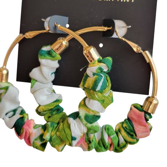 Gold Hoop Earrings Fabric Scrunch Detail 2.25" Green Pink With Gift Bag Trendy - Picture 5 of 8